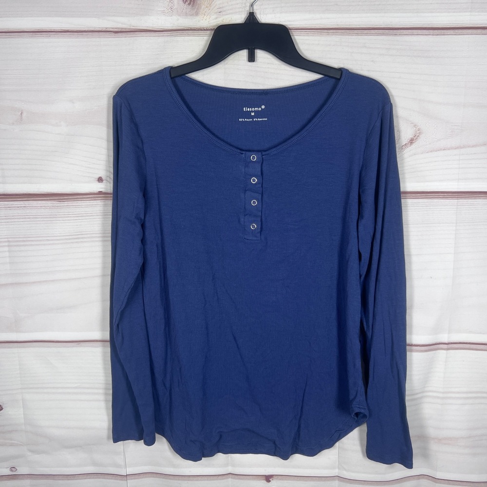 Elesomo Henley Top Womens Medium Blue Long Sleeve Ribbed Stretch Basic T-Shirt